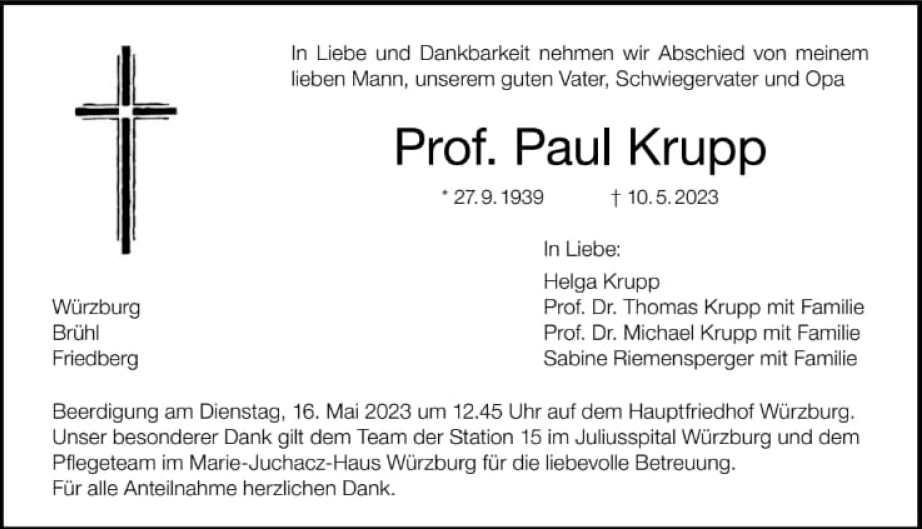 Todesanzeige Prof. Krupp
